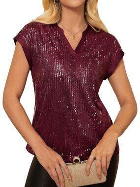 Women's Burgundy Sparkly Cap Sleeve Dressy Blouses Glitter Party V Neck Tops